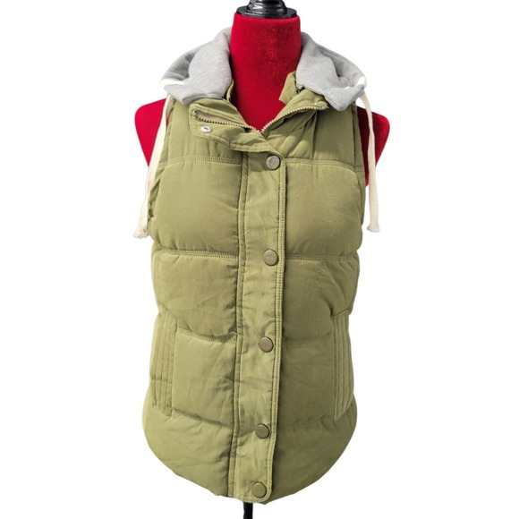 Dayiyouku Zip-On Hood Puffer Vest Olive Green/Gray Quilted Snap Button Lg G296 - Picture 1 of 10